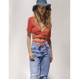 ZARA Women Size L Coral Linen Blend Cropped Top With Wrap Tie Bow Boho Beach